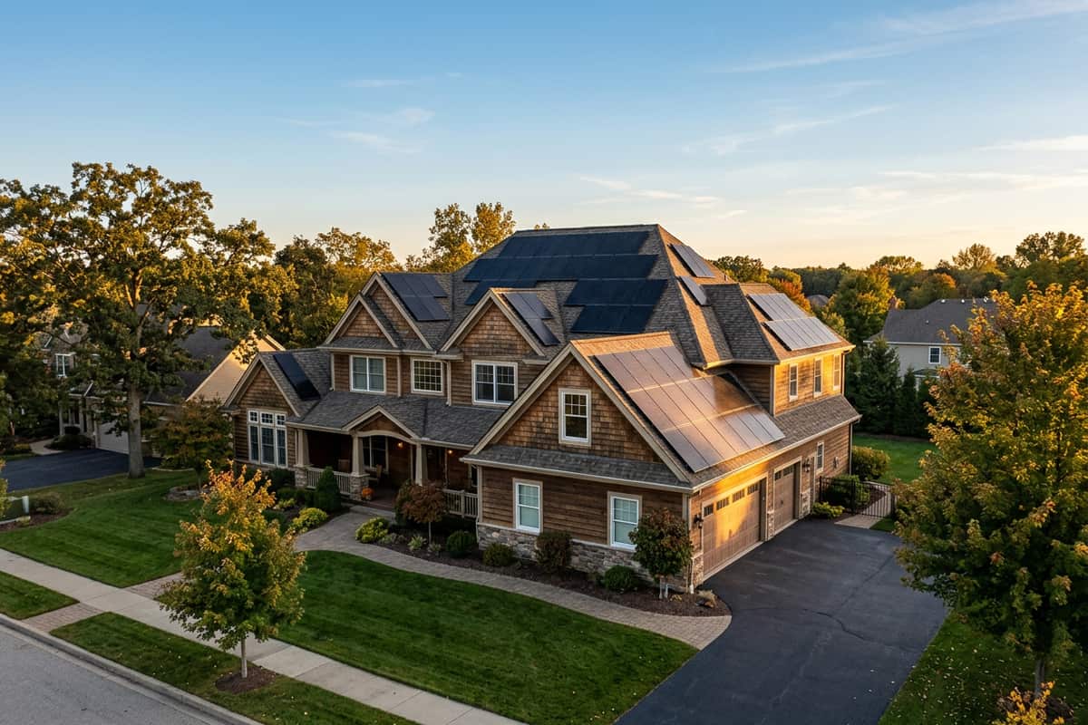 Extensive rooftop solar array covering most of a large home roof — a 15 kW solar system.