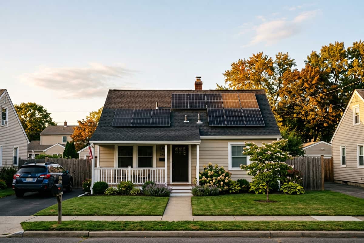 Compact rooftop solar array on a modest suburban home — a typical 5 kW solar system.