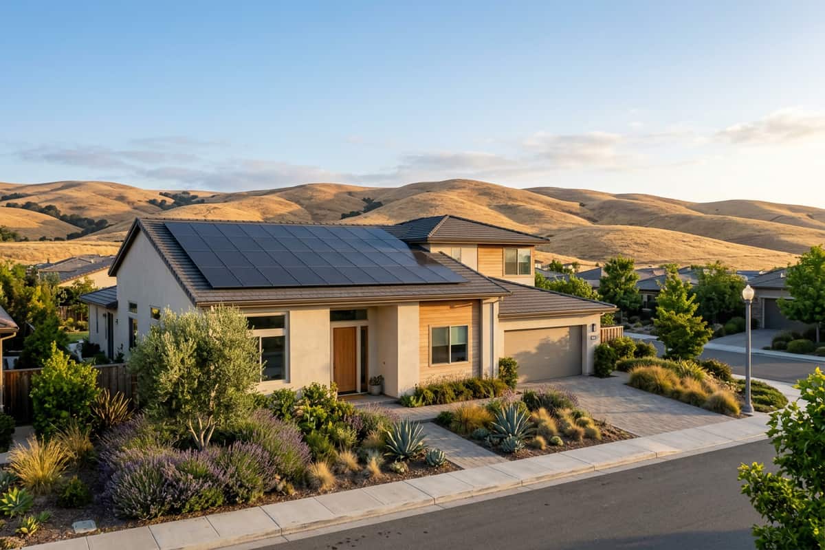 Rooftop solar panels on a modern California home in California.