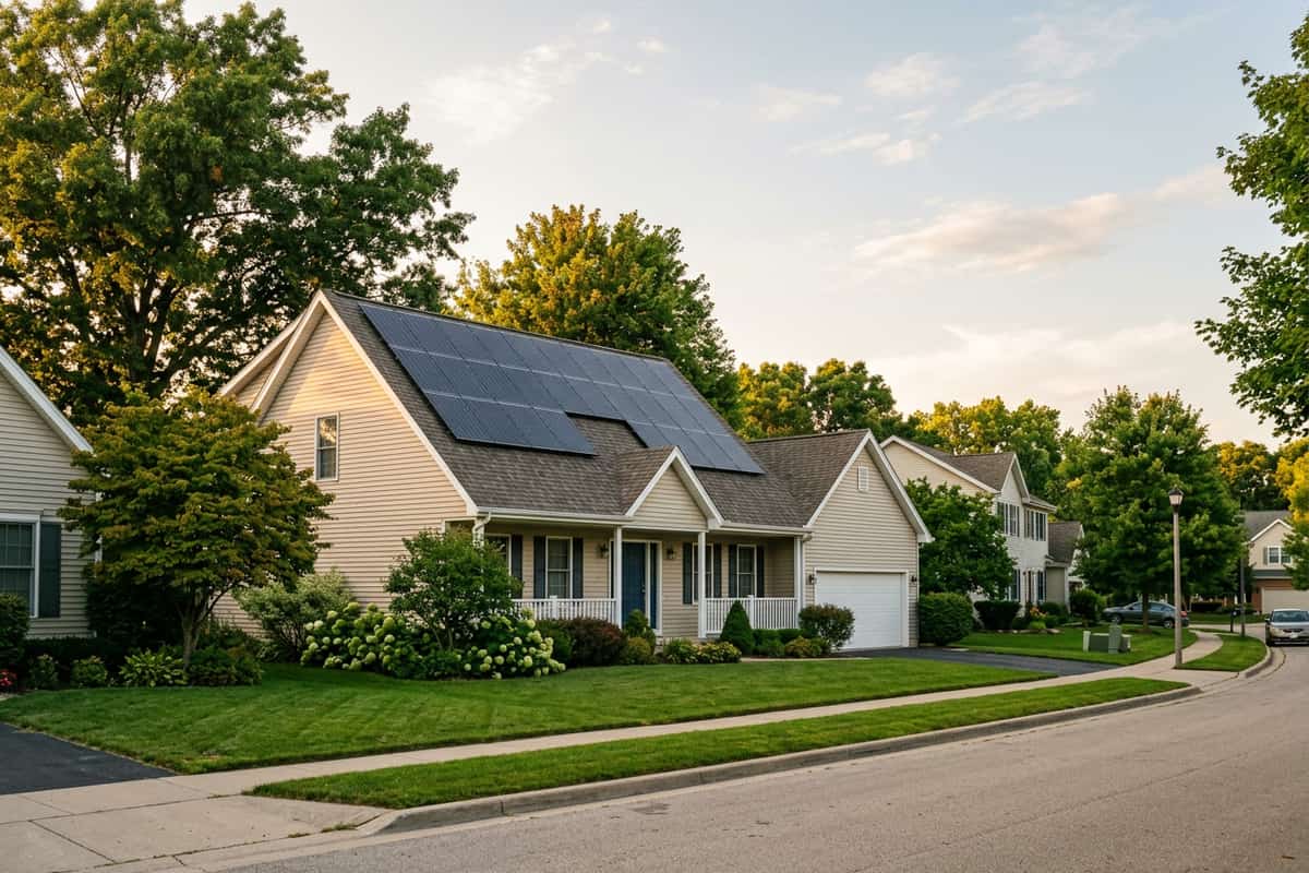 Rooftop solar panels on a Midwest home with a gable roof in Iowa.