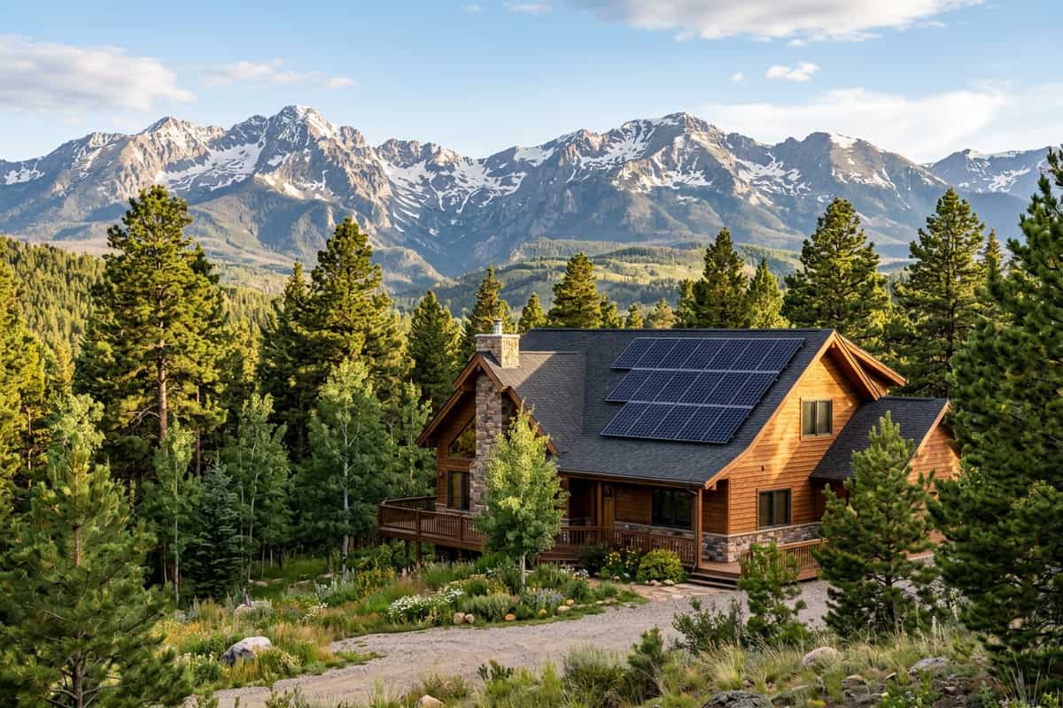 Rooftop solar panels on a Mountain-West home with a mountain backdrop in Wyoming.