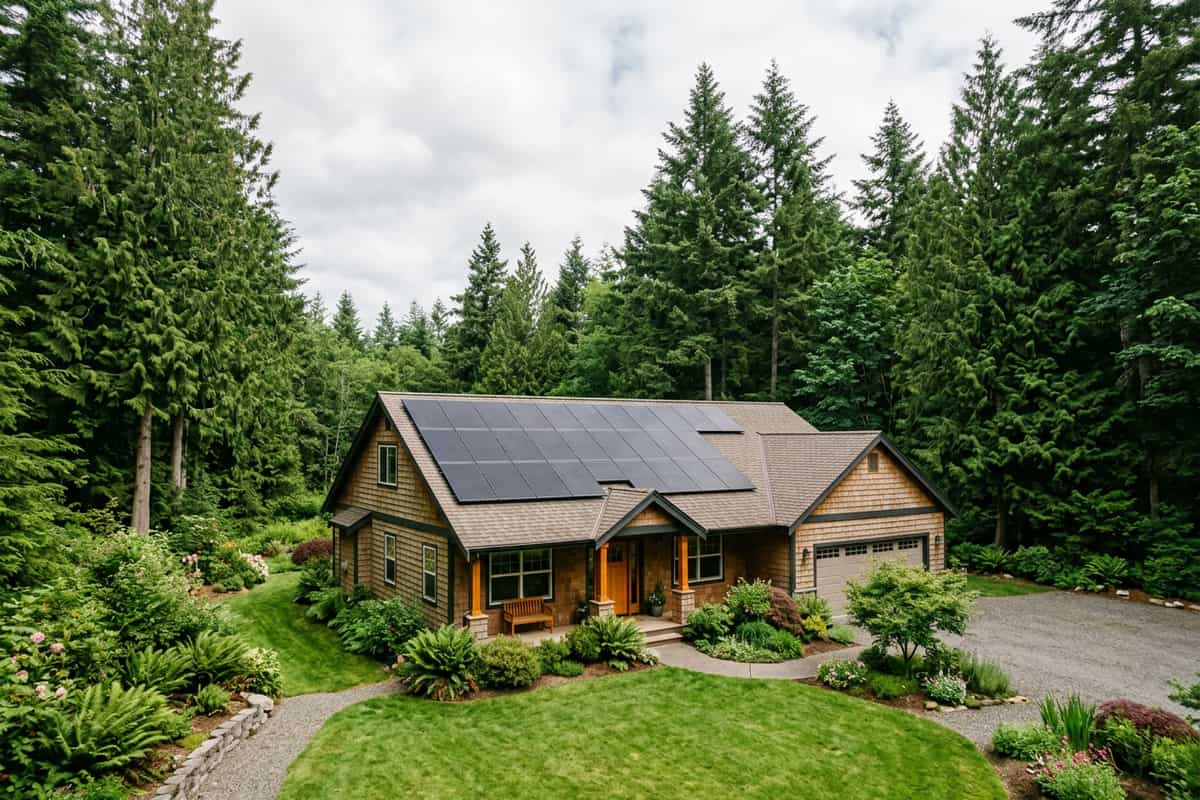 Rooftop solar panels on a Pacific Northwest home among evergreens in Oregon.