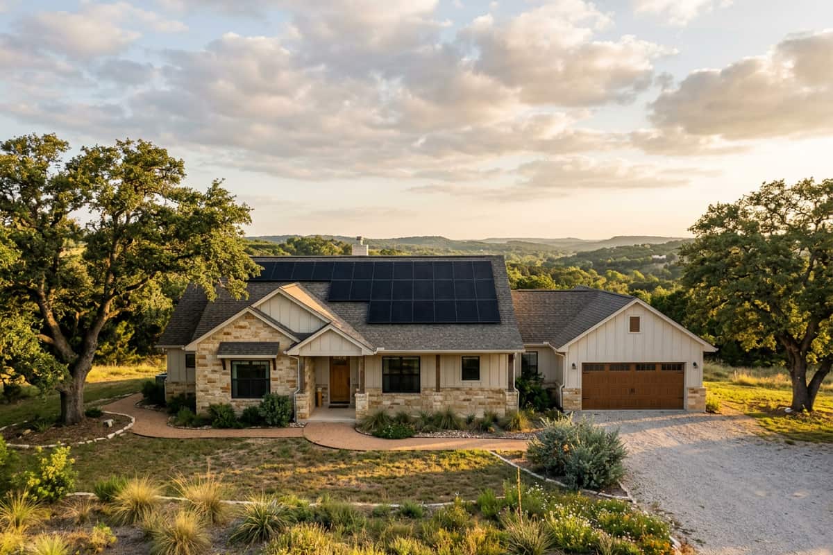 Rooftop solar panels on a Texas ranch-style home in Texas.